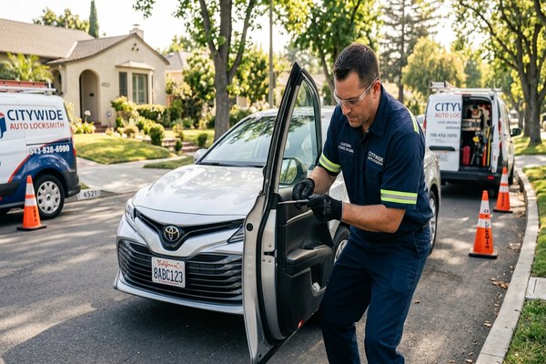Automotive locksmith programming transponder key fob in Milpitas parking lot