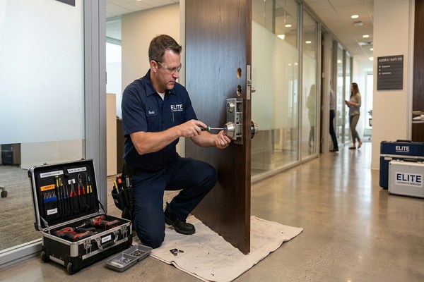 Commercial locksmith installing access control panel at Milpitas office